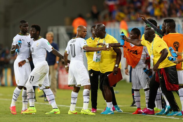 NATAL, BRAZIL - JUNE 16:  Andre Ayew of Ghana celebrates with his teammates after scoring his team's first goal during the 2014 FIFA World Cup Brazil Group G match between Ghana and the United States at Estadio das Dunas on June 16, 2014 in Natal, Brazil.  (Photo by Michael Steele/Getty Images)
