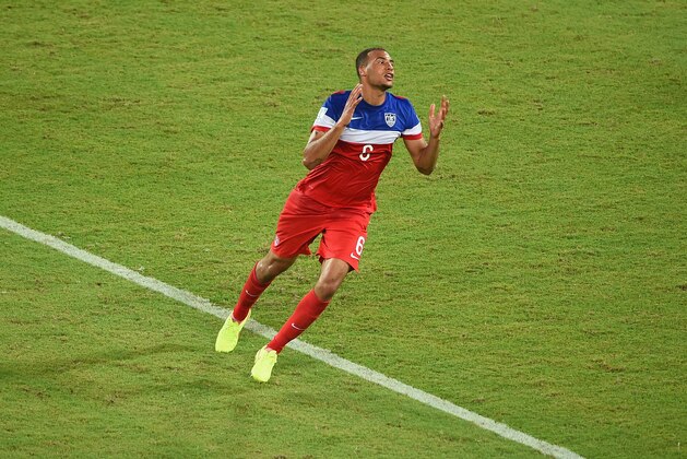 NATAL, BRAZIL - JUNE 16:  John Brooks of the United States celebrates after scoring his team's second goal during the 2014 FIFA World Cup Brazil Group G match between Ghana and the United States at Estadio das Dunas on June 16, 2014 in Natal, Brazil.  (Photo by Laurence Griffiths/Getty Images)