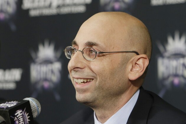 Pete D’Alessandro smiles as he answers a question after being formally named as the new general manager of the Sacramento Kings basketball team by new Kings owner, Vivek Ranadive, at a news conference in Sacramento, Calif., Monday June 17, 2013.  D'Alessandro, who spent the past three seasons with the Denver Nuggets,  replaces Geoff Petrie who  had been notified that he would not retained after his contract expired June 30. (AP Photo/Rich Pedroncelli)