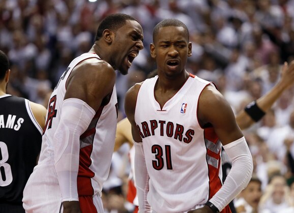 May 4, 2014; Toronto, Ontario, CAN; Toronto Raptors forward Patrick Patterson (54) and guard Terrence Ross (31) react after a foul call near the end of game seven of the first round of the 2014 NBA Playoffs at the Air Canada Centre. Brooklyn defeated Toronto 104-103. Mandatory Credit: John E. Sokolowski-USA TODAY Sports