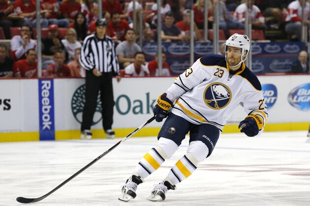 Buffalo Sabres left wing Ville Leino (23) skates against the Detroit Red Wings in the first period of an NHL hockey game in Detroit, Wednesday, Oct. 2, 2013. (AP Photo/Paul Sancya)