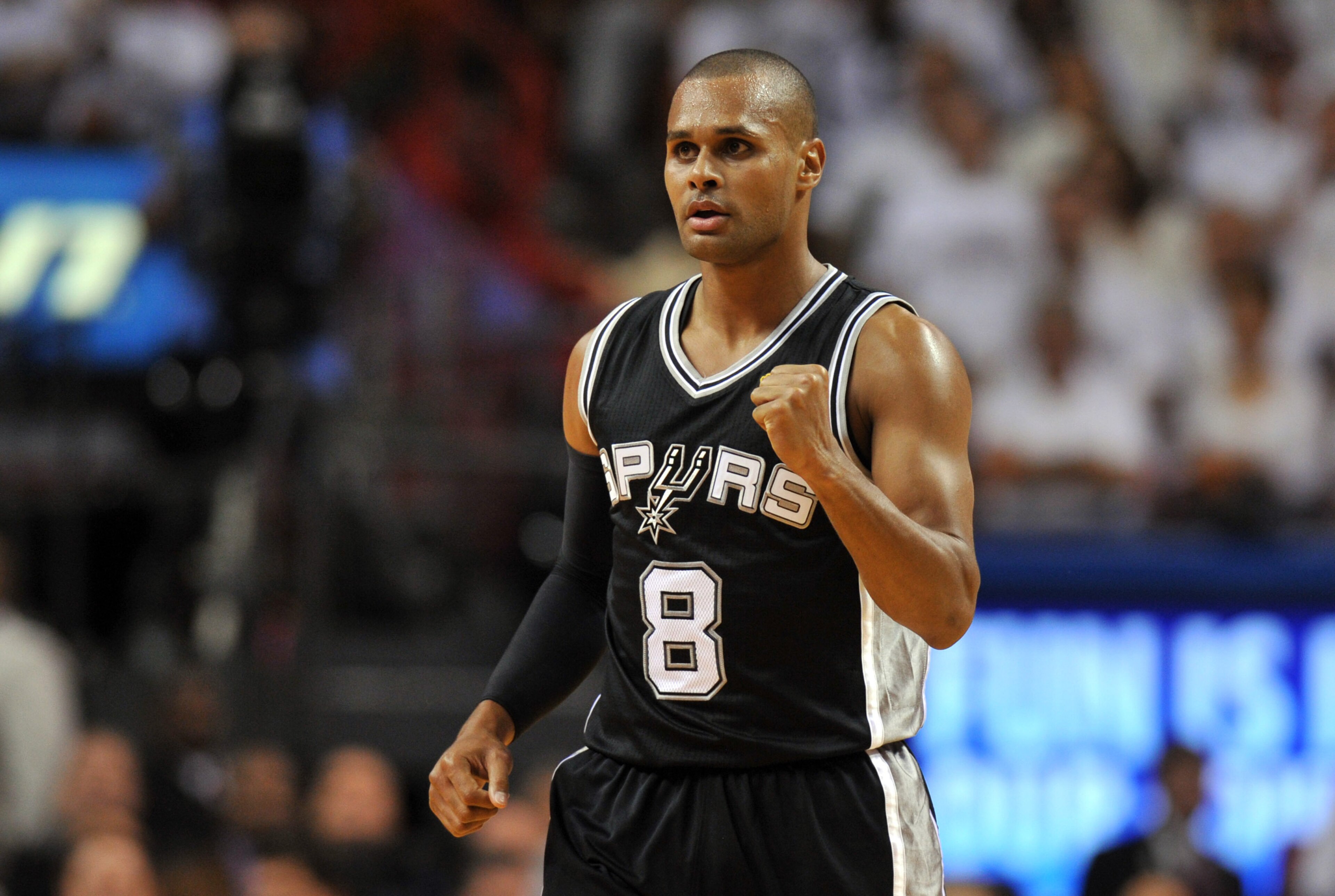 Jun 10, 2014; Miami, FL, USA; San Antonio Spurs guard Patty Mills (8) reacts during the second quarter of game three of the 2014 NBA Finals against the Miami Heat at American Airlines Arena. Mandatory Credit: Steve Mitchell-USA TODAY Sports