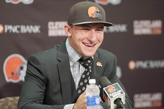 BEREA, OH - MAY 9: Cleveland Browns draft pick Johnny Manziel is answers questions during a press conference at the Browns training facility on May 9, 2014 in Cleveland, Ohio. Manziel was selected in the first round with the 22nd pick. (Photo by Jason Miller/Getty Images)