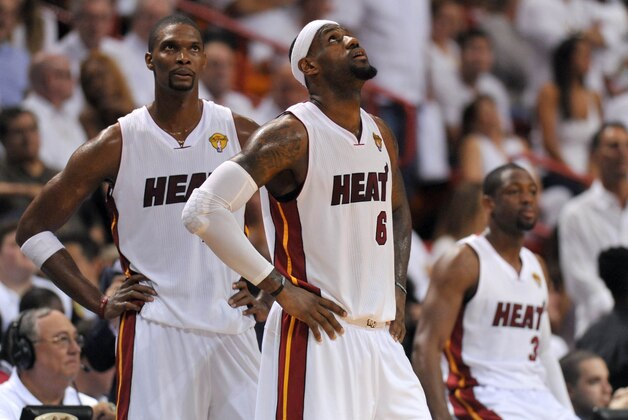 Jun 21 2012; Miami, FL, USA;  Miami Heat small forward LeBron James (6), Chris Bosh (1) and Dwyane Wade (3) against the Oklahoma City Thunder during the third quarter of game five in the 2012 NBA Finals at the American Airlines Arena. Mandatory Credit: Steve Mitchell-USA TODAY Sports