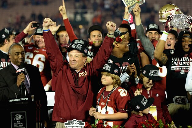 PASADENA, CA - JANUARY 06:  Florida State Seminoles head coach Jimbo Fisher celebrates after defeating the Auburn Tigers 34-31 in the 2014 Vizio BCS National Championship Game at the Rose Bowl on January 6, 2014 in Pasadena, California.  (Photo by Harry How/Getty Images)