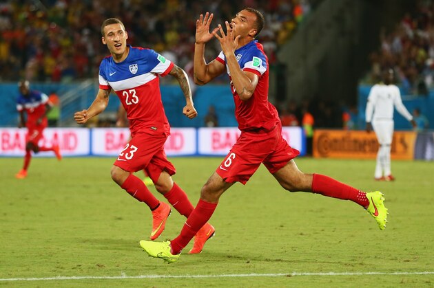 NATAL, BRAZIL - JUNE 16: John Brooks of the United States (R) celebrates scoring his team's second goal with Fabian Johnson during the 2014 FIFA World Cup Brazil Group G match between Ghana and the United States at Estadio das Dunas on June 16, 2014 in Natal, Brazil.  (Photo by Kevin C. Cox/Getty Images)
