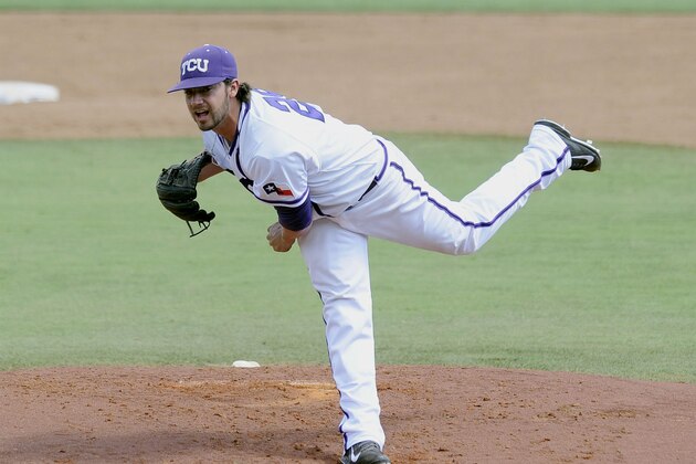 TCU pitcher Brandon Finnegan throws in the third inning of an NCAA college baseball super regional game against Pepperdine in Fort Worth, Saturday, June 7, 2014. (AP Photo/Matt Strasen)