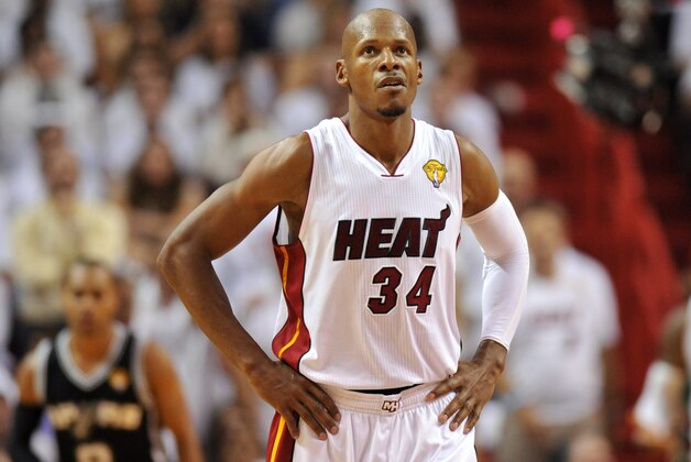 Jun 10, 2014; Miami, FL, USA; Miami Heat guard Ray Allen (34) reacts during the fourth quarter of game three of the 2014 NBA Finals against the San Antonio Spurs at American Airlines Arena. Mandatory Credit: Steve Mitchell-USA TODAY Sports