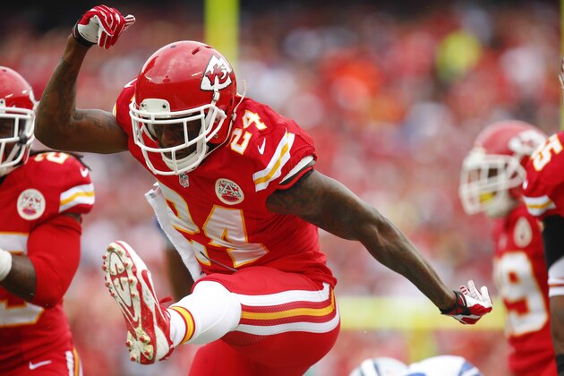 KANSAS CITY, MO - SEPTEMBER 15:  Brandon Flowers #24 of the Kansas City Chiefs celebrates after a third down stop against the Dallas Cowboys in the first quarter September 15, 2013 at Arrowhead Stadium in Kansas City, Missouri. (Photo by Kyle Rivas/Getty Images)