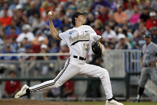 Jun 16, 2014; Omaha, NE, USA; Vanderbilt Commodores pitcher Walker Buehler (13) throws against the UC Irvine Anteaters during game six of the 2014 College World Series at TD Ameritrade Park Omaha. Vanderbilt won 6-4. Mandatory Credit: Bruce Thorson-USA TODAY Sports