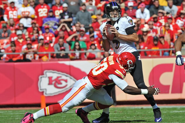 KANSAS CITY, MO - OCTOBER 07:  Linebacker Justin Houston #50 of the Kansas City Chiefs sacks quarterback Joe Flacco #5 of the Baltimore Ravens during the second quarter on October 7, 2012 at Arrowhead Stadium in Kansas City, Missouri.  (Photo by Peter Aiken/Getty Images)