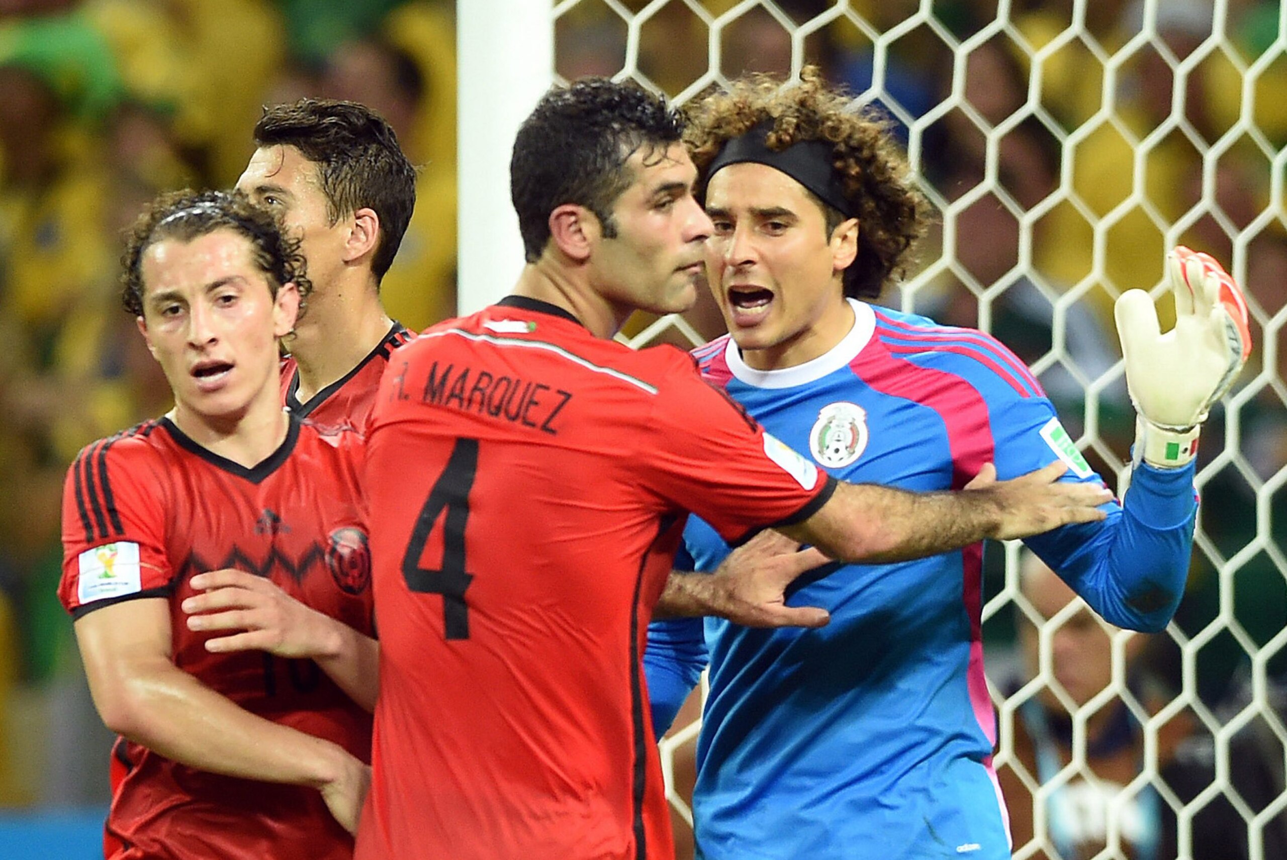 June 17, 2014; Fortazela, BRAZIL; Mexico player Rafael Marquez with goalkeeper Guillermo Ochoa during the 2014 World Cup game against Brazil at Estadio Castelao.  Mandatory Credit: Tim Groothuis/Witters Sport via USA TODAY Sports
