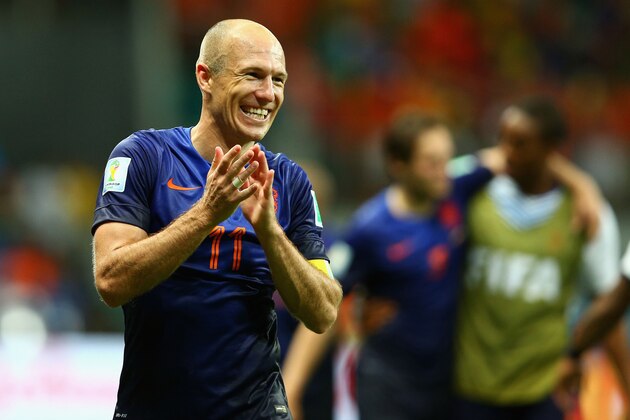 SALVADOR, BRAZIL - JUNE 13:  Arjen Robben of the Netherlands acknowledges the fans after defeating Spain in the  2014 FIFA World Cup Brazil Group B match between Spain and Netherlands at Arena Fonte Nova on June 13, 2014 in Salvador, Brazil.  (Photo by Dean Mouhtaropoulos/Getty Images)
