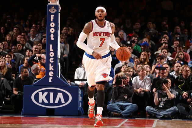 NEW YORK, NY - APRIL 4: Carmelo Anthony #7 of the New York Knicks brings the ball up court during a game at Madison Square Garden in New York City. NOTE TO USER: User expressly acknowledges and agrees that, by downloading and or using this photograph, User is consenting to the terms and conditions of the Getty Images License Agreement. Mandatory Copyright Notice: Copyright 2014 NBAE (Photo by Nathaniel S. Butler/NBAE via Getty Images)