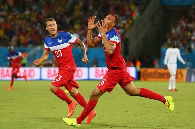 NATAL, BRAZIL - JUNE 16: John Brooks of the United States (R) celebrates scoring his team's second goal with Fabian Johnson during the 2014 FIFA World Cup Brazil Group G match between Ghana and the United States at Estadio das Dunas on June 16, 2014 in Natal, Brazil.  (Photo by Kevin C. Cox/Getty Images)