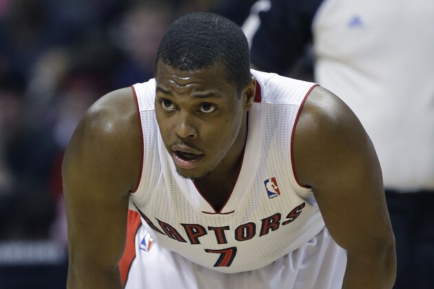 Toronto Raptors guard Kyle Lowry (7) is seen during the first half of an NBA basketball game against the Detroit Pistons in Auburn Hills, Mich., Sunday, April 13, 2014. (AP Photo/Carlos Osorio)