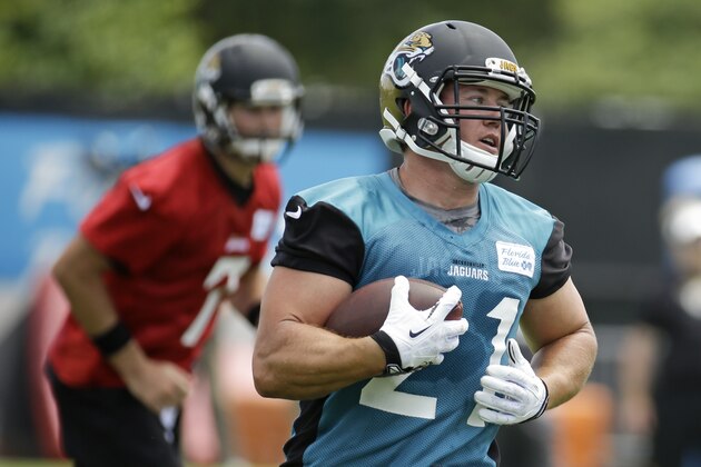 Jacksonville Jaguars running back Toby Gerhart, right, runs with the ball after a handoff from quarterback Chad Henne, left, during an NFL organized team activities football practice in  in Jacksonville, Fla., Monday, June 2, 2014. (AP Photo/John Raoux)