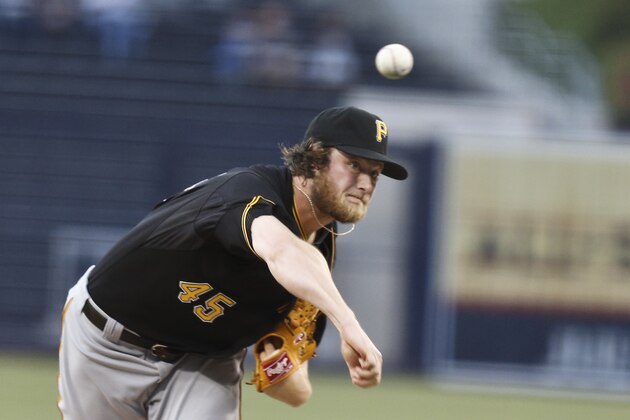 Pittsburgh Pirates starting pitcher Gerrit Cole throws against the San Diego Padres in the first inning of a baseball game Tuesday, June 3, 2014, in San Diego. (AP Photo/Lenny Ignelzi)