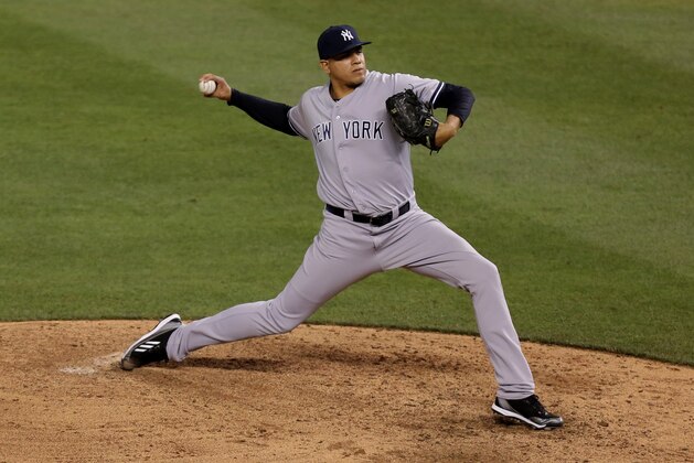 KANSAS CITY, MO - JUNE 6:  Dellin Betances #68 of the New York Yankees pitches against the Kansas City Royals in the eighth inning at Kauffman Stadium on June 6, 2014 in Kansas City, Missouri. (Photo by Ed Zurga/Getty Images)