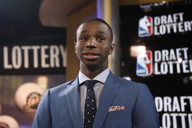 Top NBA draft prospect Andrew Wiggins of Kansas prepares for an interview during the NBA draft lottery in New York, Tuesday, May 20, 2014.  (AP Photo/Kathy Willens)