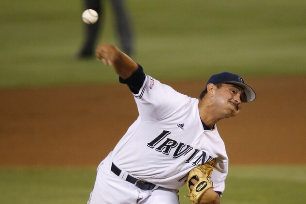 UC Irvine Andrew Morales pitches in the first inning of an NCAA college baseball tournament super regional game against Oklahoma State in Stillwater, Okla., Saturday, June 7, 2014. (AP Photo/Sue Ogrocki)