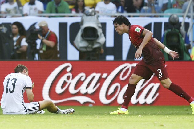 Portugal's Pepe, right, yells at Germany's Thomas Mueller during the group G World Cup soccer match between Germany and Portugal at the Arena Fonte Nova in Salvador, Brazil, Monday, June 16, 2014. (AP Photo/Paulo Duarte) Portugal's Pepe, right, yells at Germany's Thomas Mueller during the group G World Cup soccer match between Germany and Portugal at the Arena Fonte Nova in Salvador, Brazil, Monday, June 16, 2014. (AP Photo/Paulo Duarte)