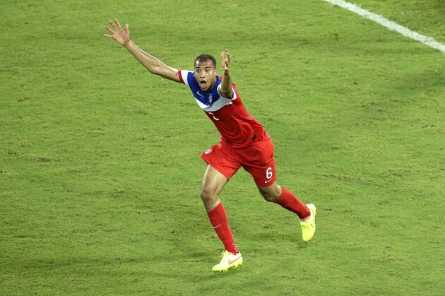 United States' John Brooks celebrates scoring his side's second goal during the group G World Cup soccer match between Ghana and the United States at the Arena das Dunas in Natal, Brazil, Monday, June 16, 2014. The United States defeated Ghana 2-1. (AP Photo/Hassan Ammar)
