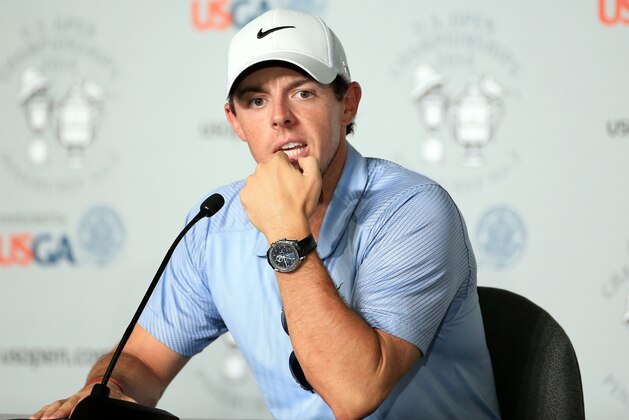 PINEHURST, NC - JUNE 11:  Rory McIlroy of Northern Ireland is interviewed during a press conference prior to the start of the 114th U.S. Open at Pinehurst Resort & Country Club, Course No. 2 on June 11, 2014 in Pinehurst, North Carolina.  (Photo by David Cannon/Getty Images)