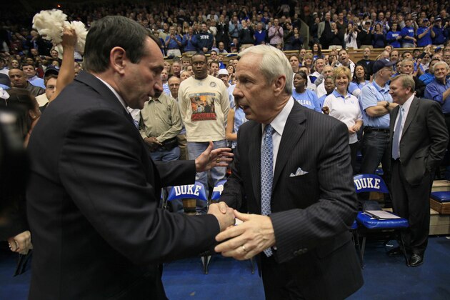 Duke coach Mike Krzyzewski, left, and North Carolina coach Roy Williams shake hands prior to an NCAA college basketball game in Durham, N.C., Wednesday, Feb. 9, 2011. (AP Photo)