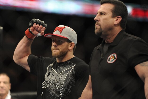 Jan 26, 2013; Chicago, IL, USA; Ryan Bader reacts after defeating Vladimir Matyushenko (not pictured) during UFC on FOX 6 at the United Center.  Mandatory Credit: David Banks-USA TODAY Sports