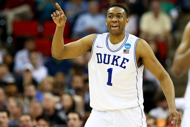 RALEIGH, NC - MARCH 21:  Jabari Parker #1 of the Duke Blue Devils reacts in the second half against the Mercer Bears in the second round of the 2014 NCAA Men's Basketball Tournament at PNC Arena on March 21, 2014 in Raleigh, North Carolina.  (Photo by Streeter Lecka/Getty Images)
