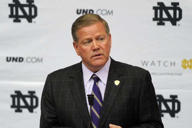 Notre Dame football coach Brian Kelly talks about recruits during football signing day at Notre Dame Feb. 5, 2014 in South Bend, Ind. (AP Photo/Joe Raymond) Notre Dame football coach Brian Kelly talks about recruits during football signing day at Notre Dame Feb. 5, 2014 in South Bend, Ind. (AP Photo/Joe Raymond)