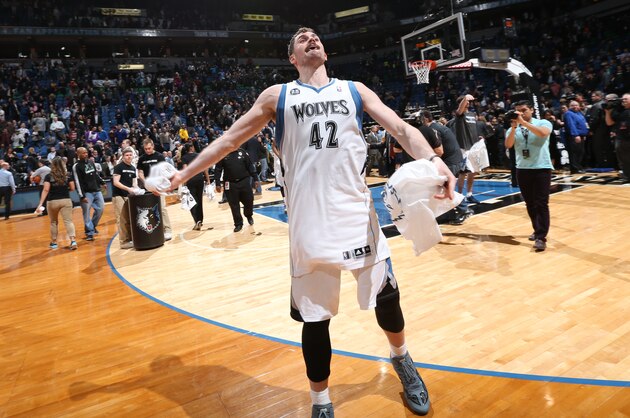 MINNEAPOLIS, MN - April 16: Kevin Love #42 of the Minnesota Timberwolves gets pumped up against the Utah Jazz during the game on April 16, 2014 at Target Center in Minneapolis, Minnesota. NOTE TO USER: User expressly acknowledges and agrees that, by downloading and or using this Photograph, user is consenting to the terms and conditions of the Getty Images License Agreement. Mandatory Copyright Notice: Copyright 2014 NBAE (Photo by David Sherman/NBAE via Getty Images)