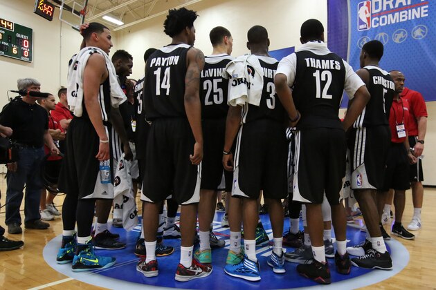 CHICAGO, IL - May 16:  Players huddle up during the 2014 Draft Combine on May 16, 2014 at Quest Multisport in Chicago, Illinois. NOTE TO USER:  User expressly acknowledges and agrees that, by downloading and or using this Photograph, user is consenting to the terms and conditions of the Getty Images License Agreement.  Mandatory Copyright Notice:  Copyright 2014 NBAE (Photo by Gary Dineen/NBAE via Getty Images)