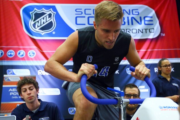 TORONTO - CANADA - MAY 31: Aaron Ekblad does the bike test during the NHL Combine testing May 31, 2014 at the Westin Bristol in Toronto, Ontario, Canada. (Photo by Graig Abel/NHLI  via Getty Images)