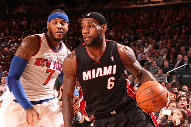 NEW YORK, NY - JANUARY 9: LeBron James #6 of the Miami Heat drives against Carmelo Anthony #7 of the New York Knicks during a game at Madison Square Garden in New York City on January 9, 2014.  NOTE TO USER: User expressly acknowledges and agrees that, by downloading and or using this photograph, User is consenting to the terms and conditions of the Getty Images License Agreement. Mandatory Copyright Notice: Copyright 2014 NBAE  (Photo by Nathaniel S. Butler/NBAE via Getty Images)