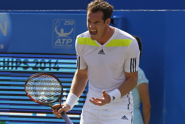 Andy Murray of Britain cries out after a point lost to Radek Stepanek of Czech Republic during their Queen's Club grass court championships 3rd round tennis match in London, Thursday, June 12, 2014. (AP Photo/Sang Tan)