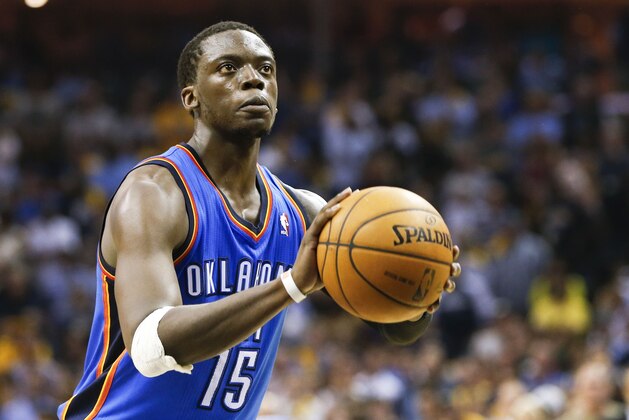 Oklahoma City Thunder guard Reggie Jackson shoots a free throw in the final seconds of overtime in Game 4 of an opening-round NBA basketball playoff series against the Memphis Grizzlies Saturday, April 26, 2014, in Memphis, Tenn. Jackson scored 32 points as Oklahoma City won 92-89. (AP Photo/Mark Humphrey)