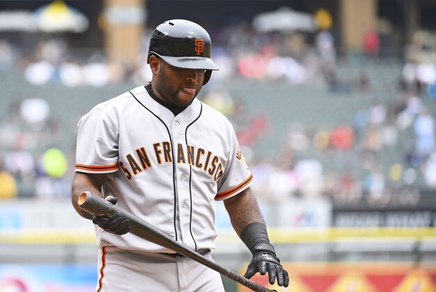 Jun 18, 2014; Chicago, IL, USA; San Francisco Giants third baseman Pablo Sandoval (48) reacts after striking out against the Chicago White Sox during the first inning at U.S Cellular Field. Mandatory Credit: Mike DiNovo-USA TODAY Sports