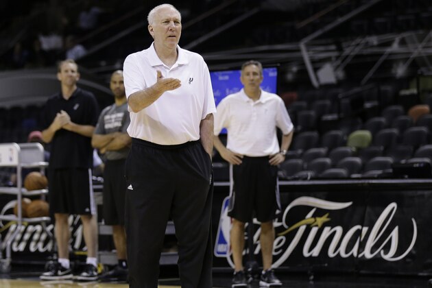 San Antonio Spurs head coach Gregg Popovich leads basketball practice on Wednesday, June 4, 2014 in San Antonio. The Spurs play Game 1 of the NBA Finals against the Miami Heat on Thursday. (AP Photo/Eric Gay) San Antonio Spurs head coach Gregg Popovich leads basketball practice on Wednesday, June 4, 2014 in San Antonio. The Spurs play Game 1 of the NBA Finals against the Miami Heat on Thursday. (AP Photo/Eric Gay)