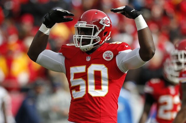 Kansas City Chiefs outside linebacker Justin Houston (50) during the first half of an NFL football game against the San Diego Chargers at Arrowhead Stadium in Kansas City, Mo., Sunday, Nov. 24, 2013. (AP Photo/Ed Zurga)