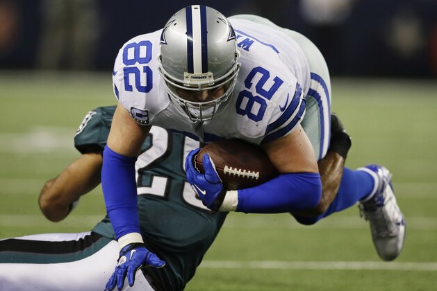 Dallas Cowboys tight end Jason Witten (82) is tackled by Philadelphia Eagles strong safety Nate Allen (29) during the first half of an NFL football game, Sunday, Dec. 29, 2013, in Arlington, Texas. (AP Photo/Tony Gutierrez)