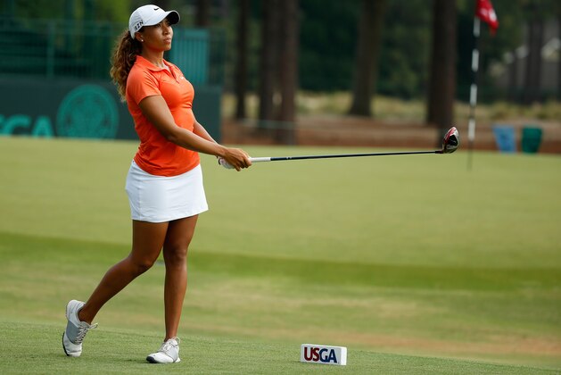 PINEHURST, NC - JUNE 17:  Cheyenne Woods of the United States hits a shot during a practice round prior to the start of the 69th U.S. Women's Open at Pinehurst Resort & Country Club, Course No. 2 on June 17, 2014 in Pinehurst, North Carolina.  (Photo by Scott Halleran/Getty Images)