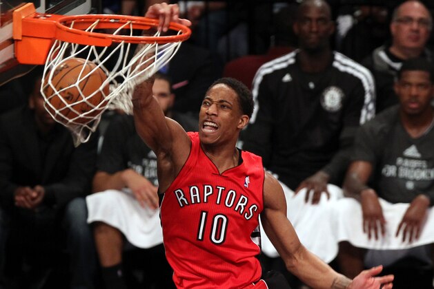 May 2, 2014; Brooklyn, NY, USA; Toronto Raptors guard DeMar DeRozan (10) dunks the ball against the Brooklyn Nets during the second half in game six of the first round of the 2014 NBA Playoffs at Barclays Center. The Nets defeated the Raptors 97 - 83. Mandatory Credit: Adam Hunger-USA TODAY Sports