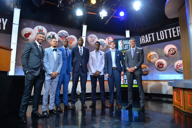 NEW YORK - MAY 20: NBA Draft Prospects Marcus Smart, Tyler Ennis, Andrew Wiggins, Joel Embiid, Noah Vonleh, Doug McDermott and Aaron Gordon poses for a photo during to the 2014 NBA Draft Lottery on May 20, 2014 at the ABC News' 'Good Morning America' Times Square Studio in New York City.  NOTE TO USER: User expressly acknowledges and agrees that, by downloading and/or using this photograph, user is consenting to the terms and conditions of the Getty Images License Agreement. Mandatory Copyright Notice: Copyright 2014 NBAE (Photo by Jesse D. Garrabrant/NBAE via Getty Images)