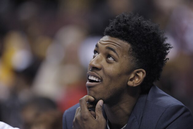 Los Angeles Lakers' Nick Young is seen during an NBA basketball game against the Philadelphia 76ers on Friday, Feb. 7, 2014, in Philadelphia. The Lakers beat the 76ers 112-98. (AP Photo/Michael Perez)