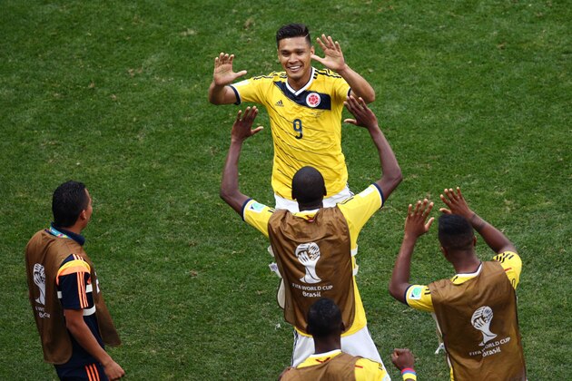BRASILIA, BRAZIL - JUNE 19:  Teofilo Gutierrez of Colombia celebrates his team's second goal during the 2014 FIFA World Cup Brazil Group C match between Colombia and Cote D'Ivoire at Estadio Nacional on June 19, 2014 in Brasilia, Brazil.  (Photo by Adam Pretty/Getty Images)