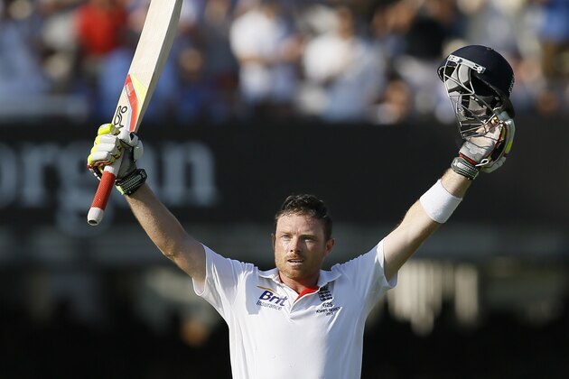 England's Ian Bell celebrates scoring a century during the Ashes test at Lord's cricket ground in London, Thursday, July 18, 2013. (AP Photo/Kirsty Wigglesworth)