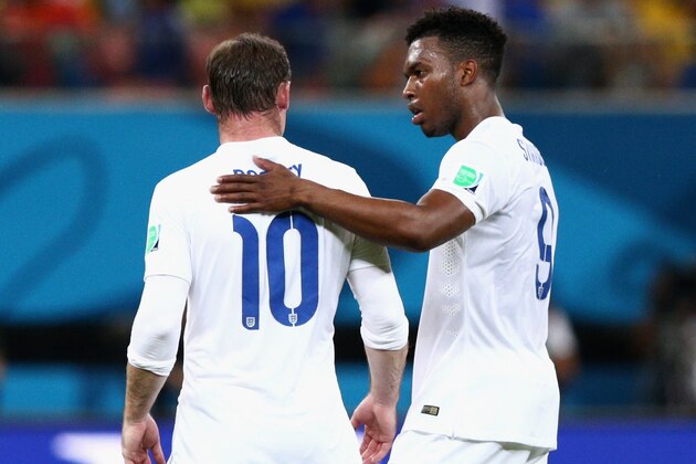 MANAUS, BRAZIL - JUNE 14:  Daniel Sturridge of England speaks to Wayne Rooney of England during the 2014 FIFA World Cup Brazil Group D match between England and Italy at Arena Amazonia on June 14, 2014 in Manaus, Brazil.  (Photo by Adam Pretty/Getty Images)