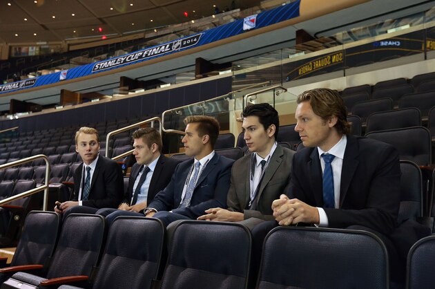 NEW YORK, NY - JUNE 9:  NHL Top Prospects (left to right) Sam Bennett, Leon Draisaitl, Aaron Ekblad, Michael DalCole and Sam Reinhart take in morning skate before Game Three of the 2014 Stanley Cup Final between the Los Angeles Kings and the New York Rangers at Madison Square Garden on June 9, 2014 in New York, New York.  (Photo by Dave Sandford/NHLI via Getty Images)